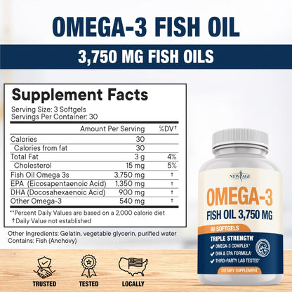 Triple Strength Omega 3 Fish Oil 3750 mg - EPA & DHA - Over 3000mg Omega-3 Fatty Acids - 1350mg EPA + 900mg DHA - Best Essential Fatty Acids, Burpless Fish Oil - 180 Count - dailyvitalstore
