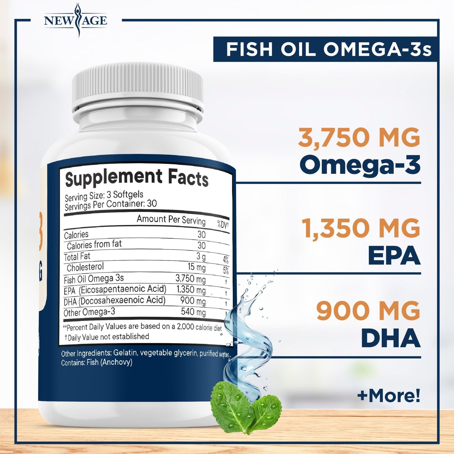 Triple Strength Omega 3 Fish Oil 3750 mg - EPA & DHA - Over 3000mg Omega-3 Fatty Acids - 1350mg EPA + 900mg DHA - Best Essential Fatty Acids, Burpless Fish Oil - 180 Count - dailyvitalstore