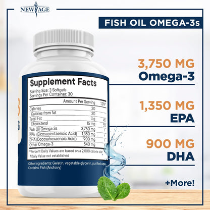 Triple Strength Omega 3 Fish Oil 3750 mg - EPA & DHA - Over 3000mg Omega-3 Fatty Acids - 1350mg EPA + 900mg DHA - Best Essential Fatty Acids, Burpless Fish Oil - 180 Count - dailyvitalstore