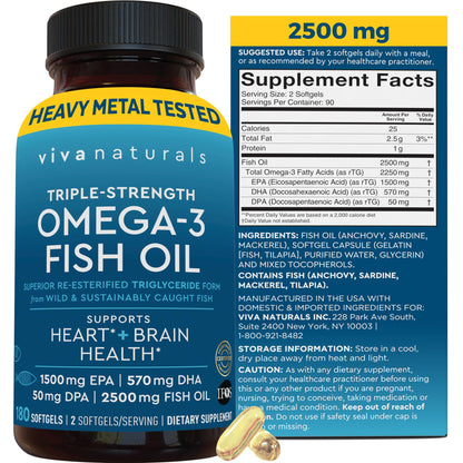 Triple Strength Omega 3 Fish Oil Supplement for Men and Women – 2500 mg High-Potency, Easy-to-Absorb Re-esterified Triglyceride Form, Pescatarian-Friendly DPA EPA DHA Omega 3 Supplement, 180 Softgels - dailyvitalstore