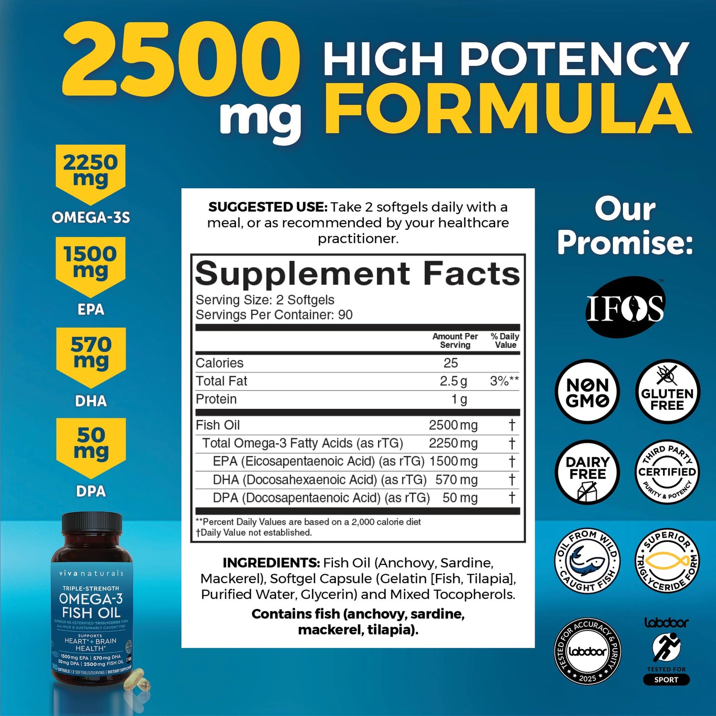 Triple Strength Omega 3 Fish Oil Supplement for Men and Women – 2500 mg High-Potency, Easy-to-Absorb Re-esterified Triglyceride Form, Pescatarian-Friendly DPA EPA DHA Omega 3 Supplement, 180 Softgels - dailyvitalstore