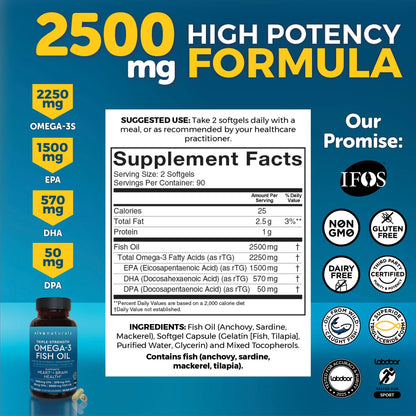 Triple Strength Omega 3 Fish Oil Supplement for Men and Women – 2500 mg High-Potency, Easy-to-Absorb Re-esterified Triglyceride Form, Pescatarian-Friendly DPA EPA DHA Omega 3 Supplement, 180 Softgels - dailyvitalstore