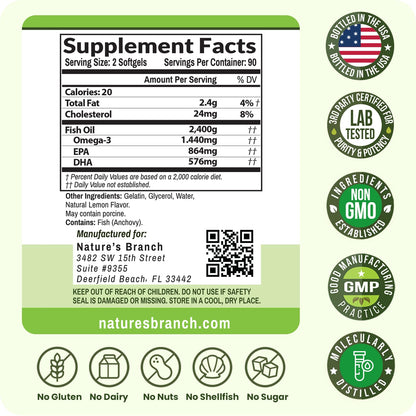 Triple Strength Omega 3 Fish Oil Supplements 2400mg | 180 Capsules, Burpless High Potency Lemon Flavor, High EPA DHA for Men & Women Ultra Pure Softgels | Joint Support, Eyes, Heart Brain Health Pills - dailyvitalstore