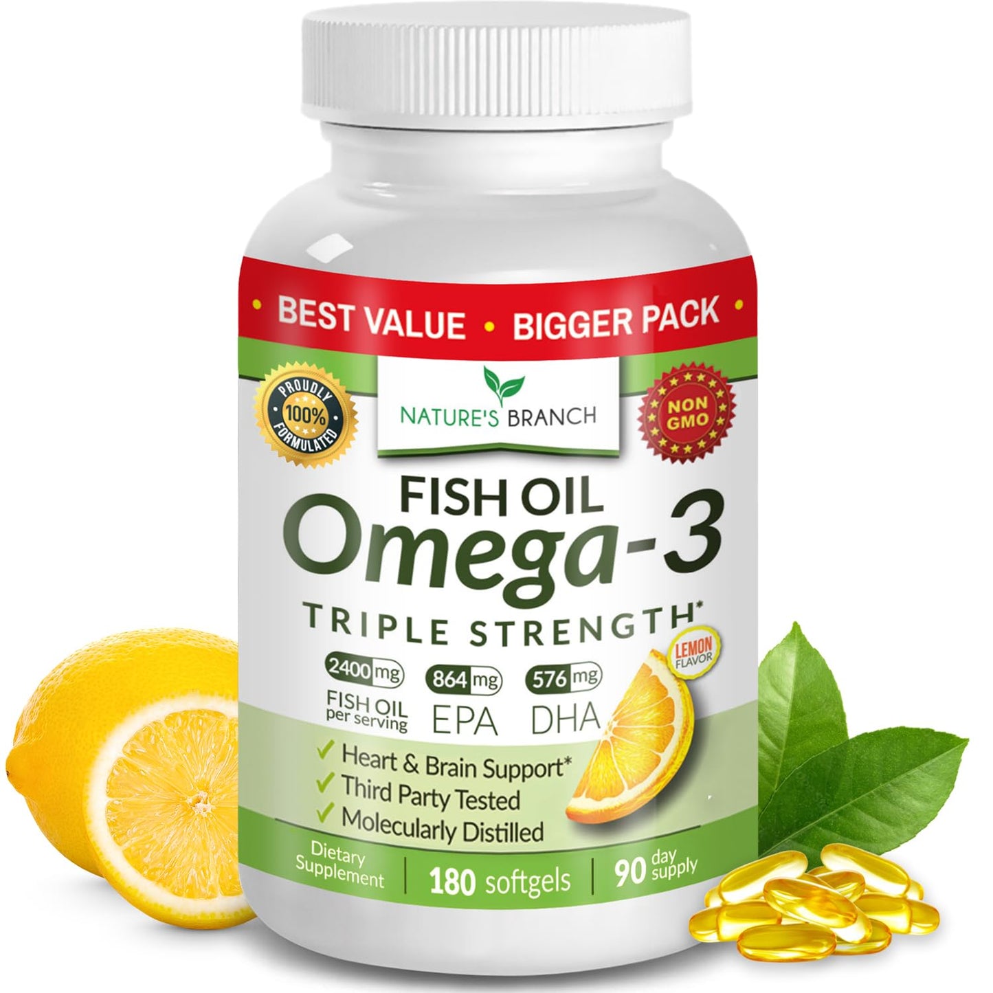 Triple Strength Omega 3 Fish Oil Supplements 2400mg | 180 Capsules, Burpless High Potency Lemon Flavor, High EPA DHA for Men & Women Ultra Pure Softgels | Joint Support, Eyes, Heart Brain Health Pills - dailyvitalstore
