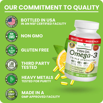 Triple Strength Omega 3 Fish Oil Supplements 2400mg | 180 Capsules, Burpless High Potency Lemon Flavor, High EPA DHA for Men & Women Ultra Pure Softgels | Joint Support, Eyes, Heart Brain Health Pills - dailyvitalstore