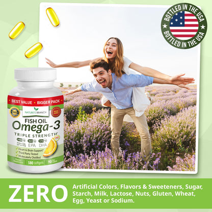 Triple Strength Omega 3 Fish Oil Supplements 2400mg | 180 Capsules, Burpless High Potency Lemon Flavor, High EPA DHA for Men & Women Ultra Pure Softgels | Joint Support, Eyes, Heart Brain Health Pills - dailyvitalstore