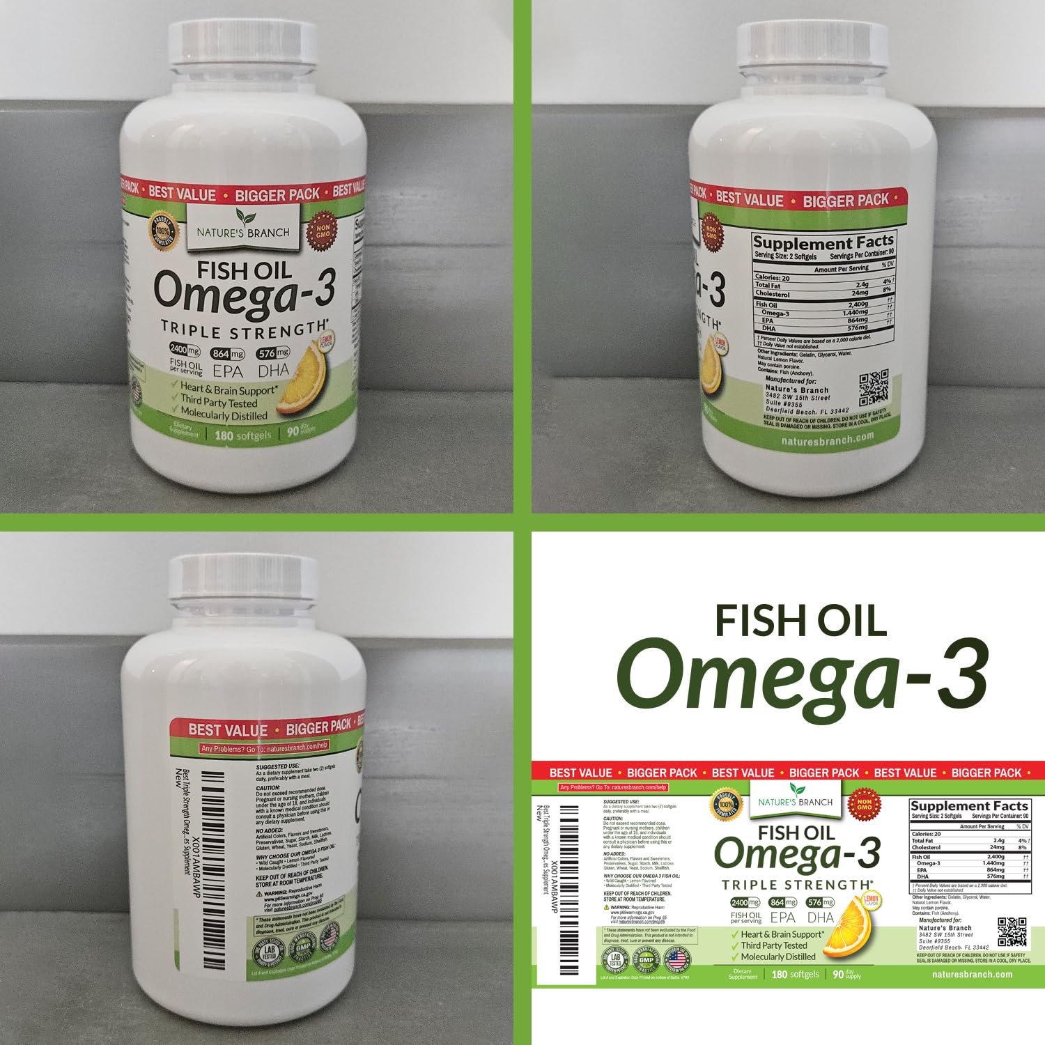 Triple Strength Omega 3 Fish Oil Supplements 2400mg | 180 Capsules, Burpless High Potency Lemon Flavor, High EPA DHA for Men & Women Ultra Pure Softgels | Joint Support, Eyes, Heart Brain Health Pills - dailyvitalstore