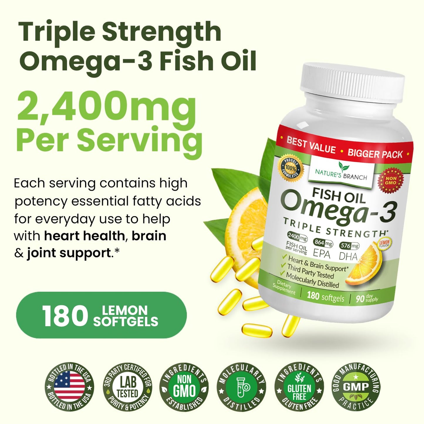 Triple Strength Omega 3 Fish Oil Supplements 2400mg | 180 Capsules, Burpless High Potency Lemon Flavor, High EPA DHA for Men & Women Ultra Pure Softgels | Joint Support, Eyes, Heart Brain Health Pills - dailyvitalstore