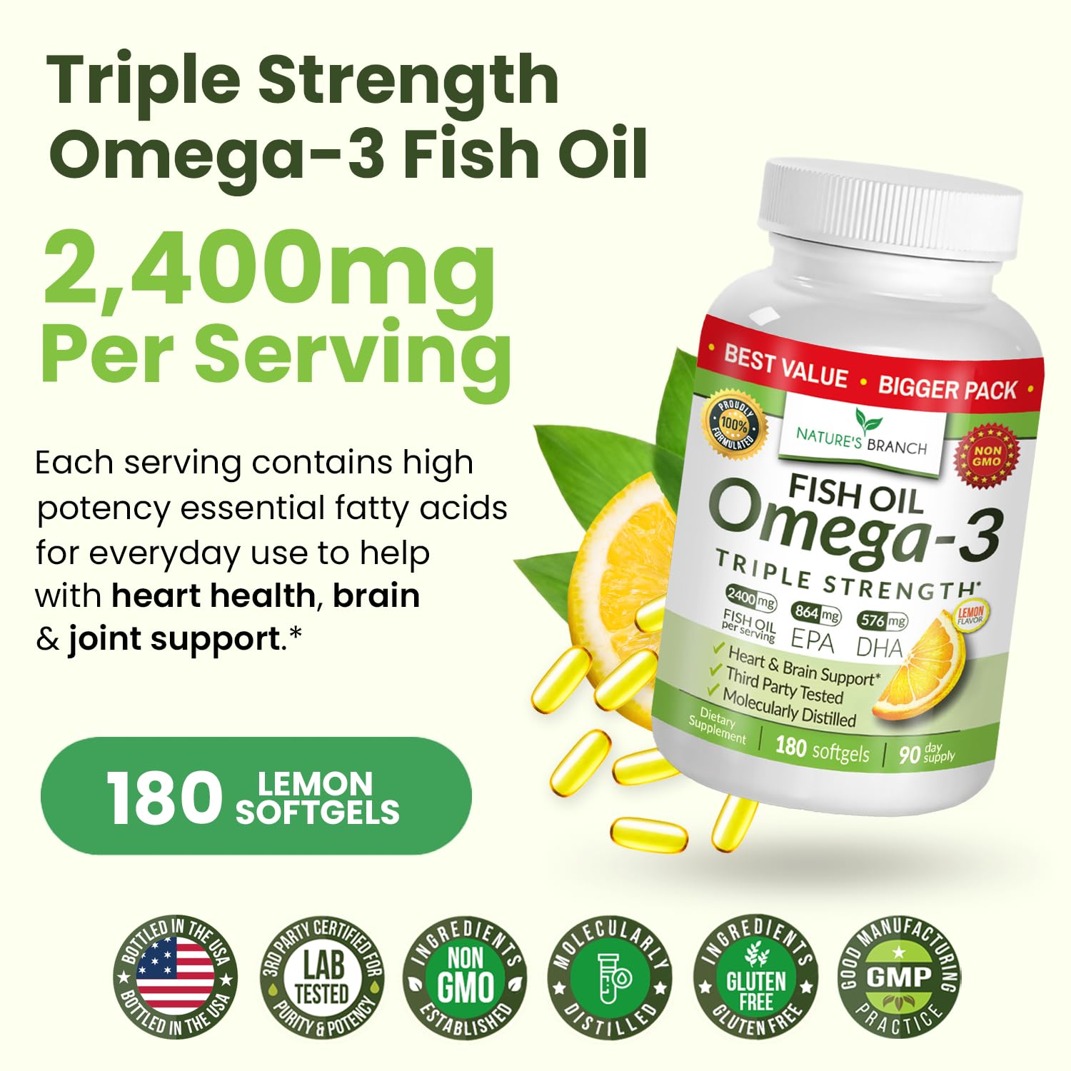 Triple Strength Omega 3 Fish Oil Supplements 2400mg | 180 Capsules, Burpless High Potency Lemon Flavor, High EPA DHA for Men & Women Ultra Pure Softgels | Joint Support, Eyes, Heart Brain Health Pills - dailyvitalstore