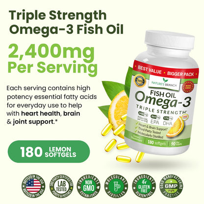 Triple Strength Omega 3 Fish Oil Supplements 2400mg | 180 Capsules, Burpless High Potency Lemon Flavor, High EPA DHA for Men & Women Ultra Pure Softgels | Joint Support, Eyes, Heart Brain Health Pills - dailyvitalstore
