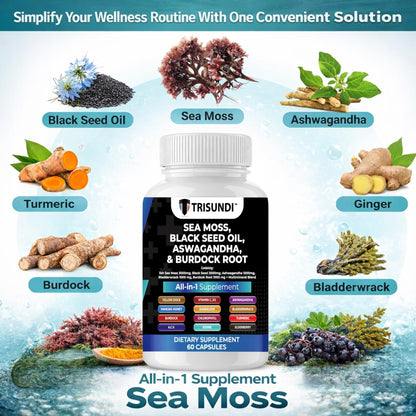 Trisundi Sea Moss Complex with Black Seed Oil, Ashwagandha & Burdock Root – All-in-One Herbal Supplement with Vitamins & Minerals – 60 Capsules - dailyvitalstore