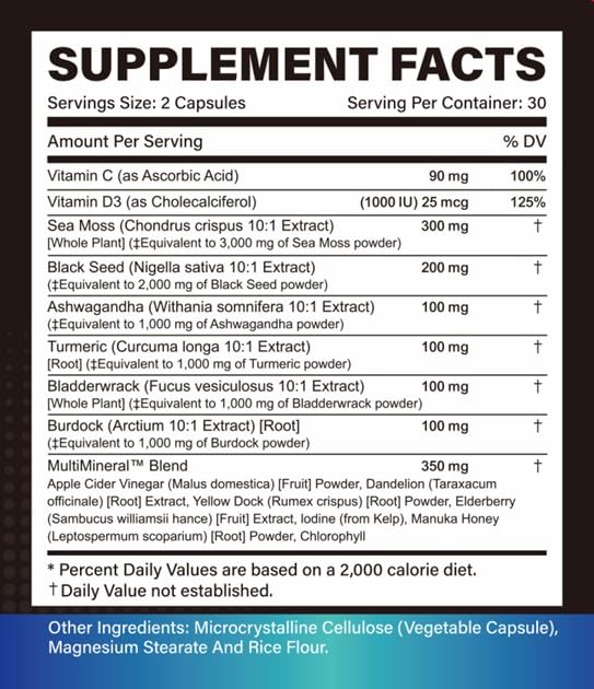 Trisundi Sea Moss Complex with Black Seed Oil, Ashwagandha & Burdock Root – All-in-One Herbal Supplement with Vitamins & Minerals – 60 Capsules - dailyvitalstore