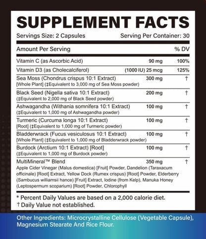 Trisundi Sea Moss Complex with Black Seed Oil, Ashwagandha & Burdock Root – All-in-One Herbal Supplement with Vitamins & Minerals – 60 Capsules - dailyvitalstore