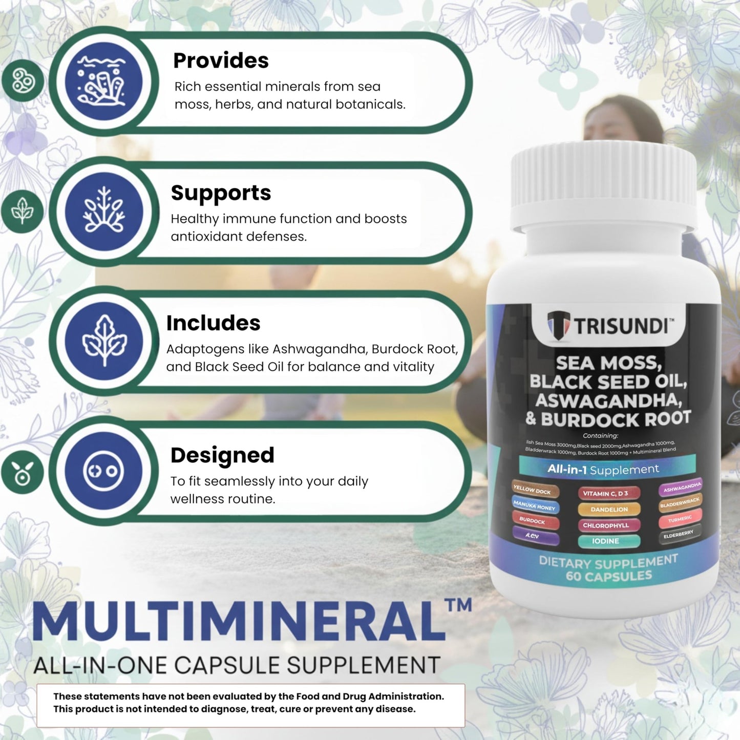 Trisundi Sea Moss Complex with Black Seed Oil, Ashwagandha & Burdock Root – All-in-One Herbal Supplement with Vitamins & Minerals – 60 Capsules - dailyvitalstore
