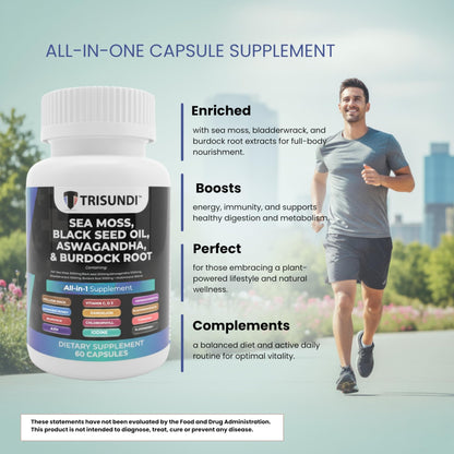 Trisundi Sea Moss Complex with Black Seed Oil, Ashwagandha & Burdock Root – All-in-One Herbal Supplement with Vitamins & Minerals – 60 Capsules - dailyvitalstore