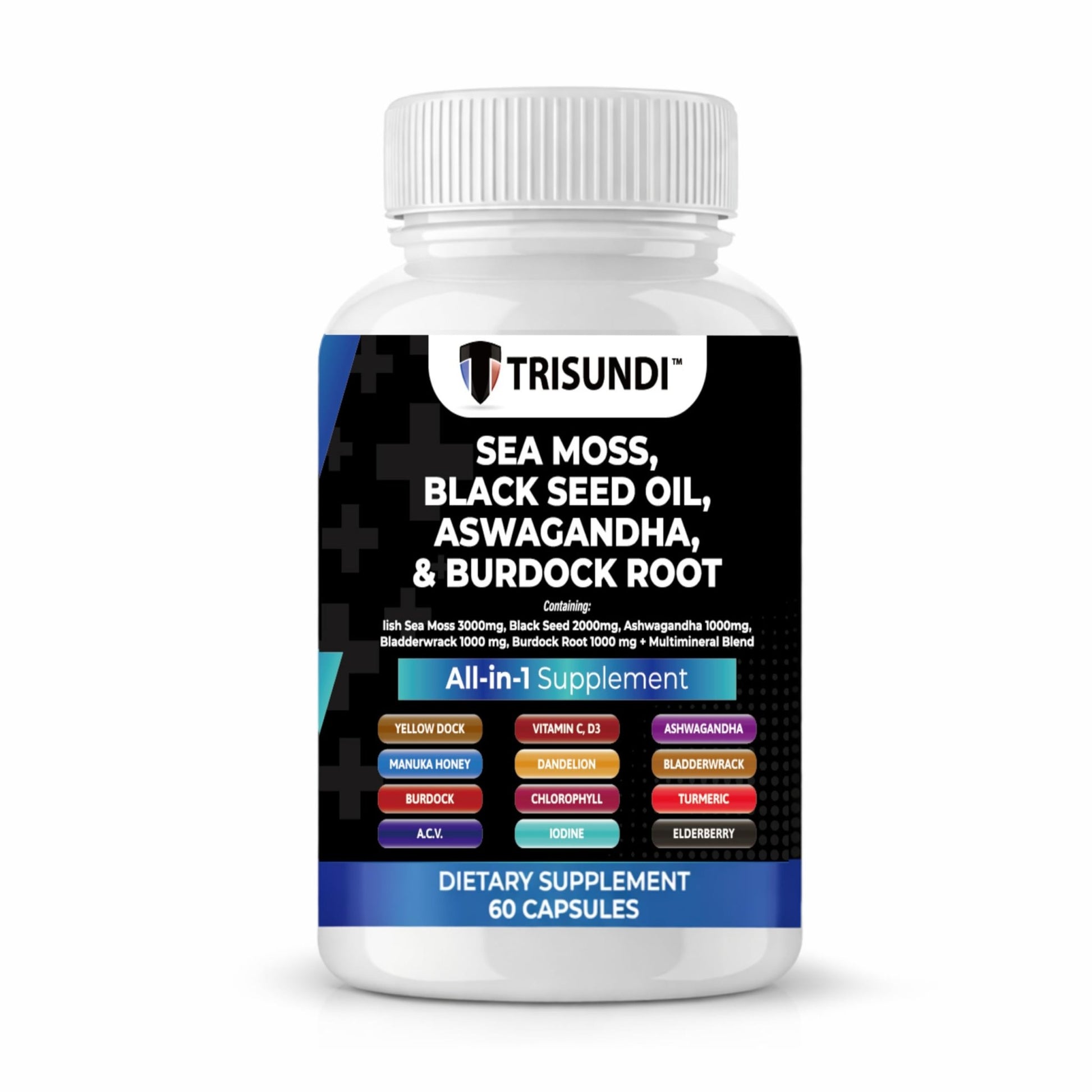 Trisundi Sea Moss Complex with Black Seed Oil, Ashwagandha & Burdock Root – All-in-One Herbal Supplement with Vitamins & Minerals – 60 Capsules - dailyvitalstore