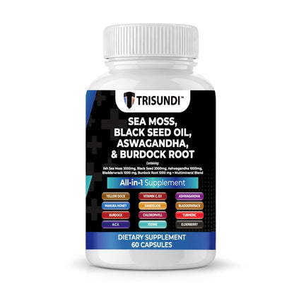 Trisundi Sea Moss Complex with Black Seed Oil, Ashwagandha & Burdock Root – All-in-One Herbal Supplement with Vitamins & Minerals – 60 Capsules - dailyvitalstore