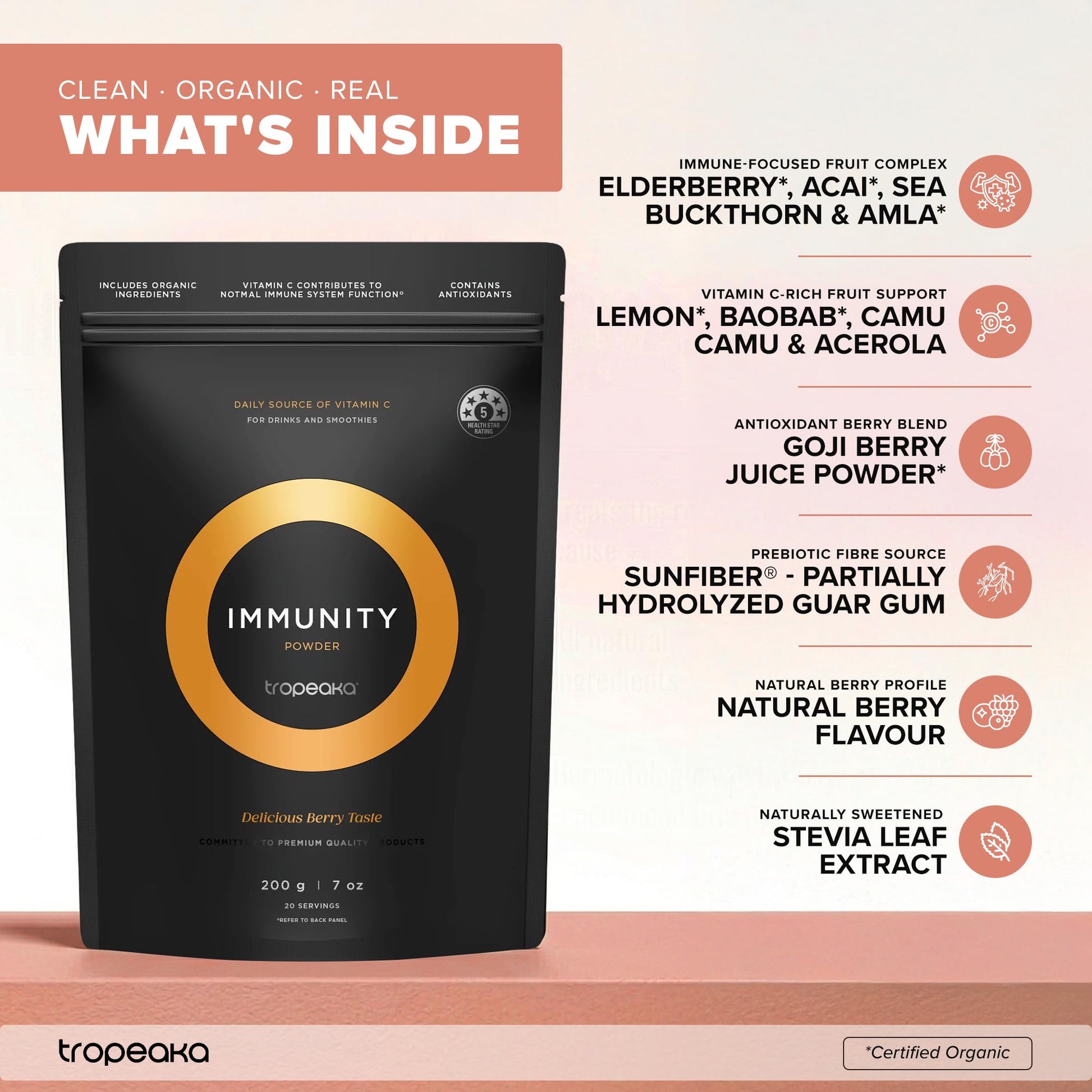 Tropeaka Immunity Powder - Immune Support Supplement, Antioxidant Rich Superfood Powder with Vitamins & Minerals, Boost Energy & Collagen Production - Vegan, Gluten Free, Non-GMO - 7oz (20 Servings) - dailyvitalstore