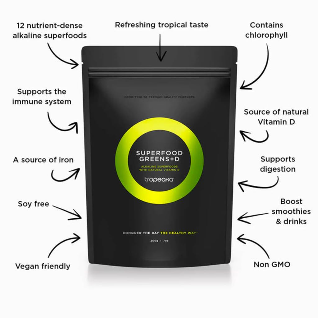Tropeaka Superfood Greens + D - Antioxidant Green Powder for Energy, Immune System, & Gut Health, Rich in Chlorophyll & Essential Nutrients, Vitamin D, Vegan, Gluten Free, Non-GMO - 7oz (20 Servings) - dailyvitalstore