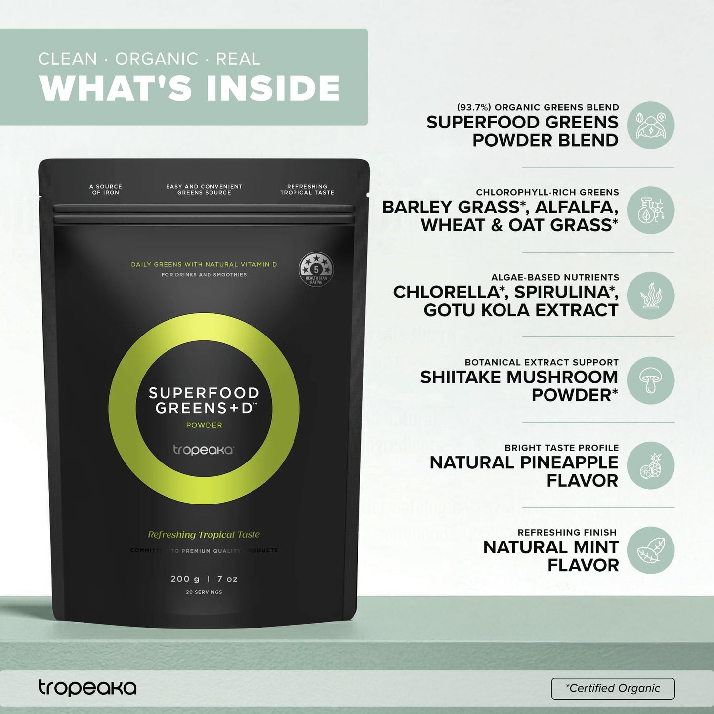 Tropeaka Superfood Greens + D - Antioxidant Green Powder for Energy, Immune System, & Gut Health, Rich in Chlorophyll & Essential Nutrients, Vitamin D, Vegan, Gluten Free, Non-GMO - 7oz (20 Servings) - dailyvitalstore