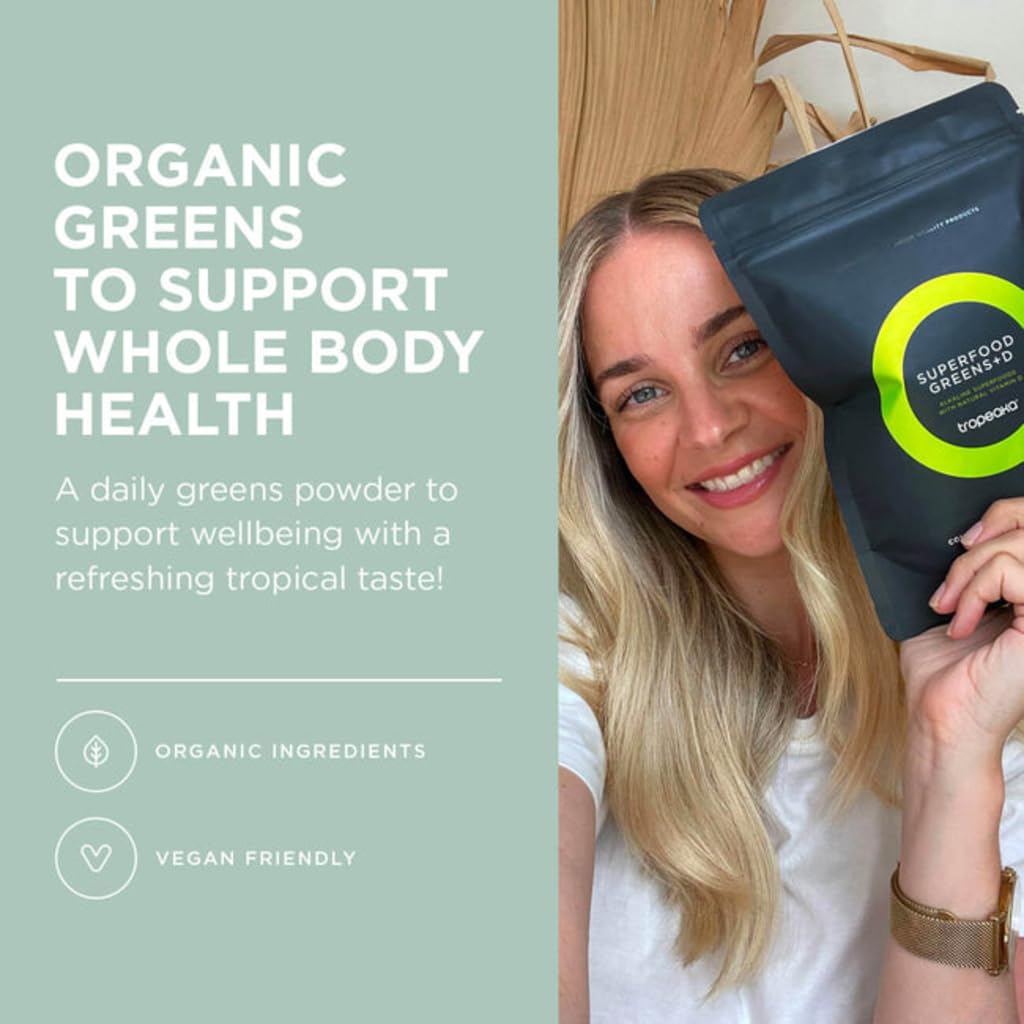 Tropeaka Superfood Greens + D - Antioxidant Green Powder for Energy, Immune System, & Gut Health, Rich in Chlorophyll & Essential Nutrients, Vitamin D, Vegan, Gluten Free, Non-GMO - 7oz (20 Servings) - dailyvitalstore