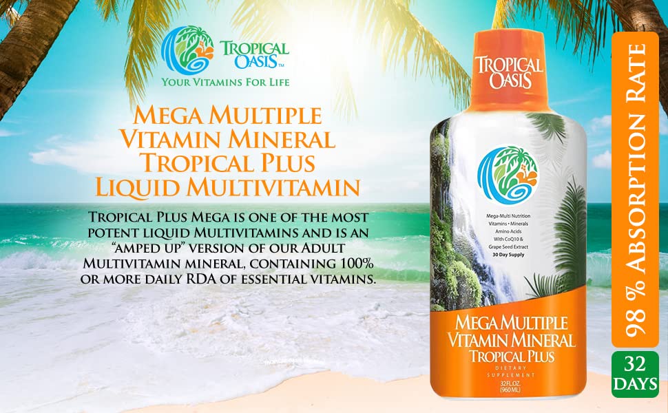 Tropical Oasis Mega Plus - Liquid Multivitamin and Mineral Supplement – Includes 85 Vitamins & Minerals, 20 Amino Acids + CoQ10, Grape Seed Extract & Organic Aloe Vera - 32oz, 32 Servings, 33460 - dailyvitalstore
