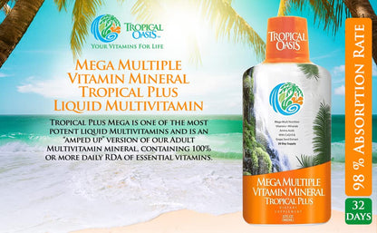 Tropical Oasis Mega Plus - Liquid Multivitamin and Mineral Supplement – Includes 85 Vitamins & Minerals, 20 Amino Acids + CoQ10, Grape Seed Extract & Organic Aloe Vera - 32oz, 32 Servings, 33460 - dailyvitalstore