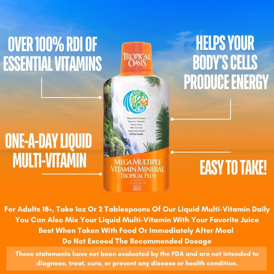 Tropical Oasis Mega Plus - Liquid Multivitamin and Mineral Supplement – Includes 85 Vitamins & Minerals, 20 Amino Acids + CoQ10, Grape Seed Extract & Organic Aloe Vera - 32oz, 32 Servings, 33460 - dailyvitalstore