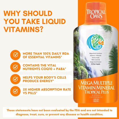 Tropical Oasis Mega Plus - Liquid Multivitamin and Mineral Supplement – Includes 85 Vitamins & Minerals, 20 Amino Acids + CoQ10, Grape Seed Extract & Organic Aloe Vera - 32oz, 32 Servings, 33460 - dailyvitalstore
