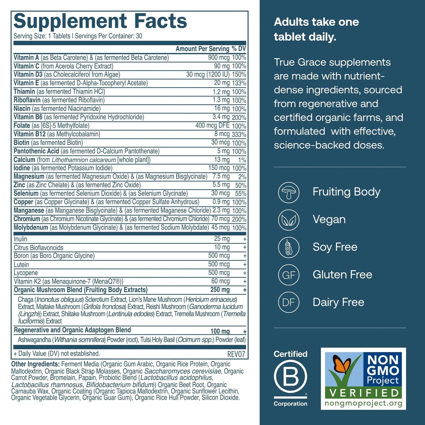 True Grace Men's 40+ One Daily Multivitamin Fermented Minerals, Organic Adaptogens & Mushrooms Whole Body Balance Immune - dailyvitalstore