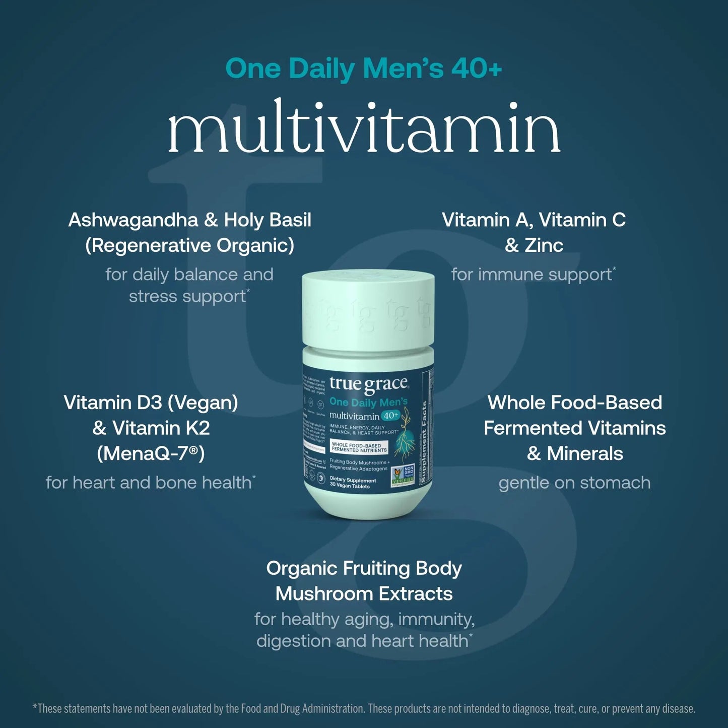 True Grace Men's 40+ One Daily Multivitamin Fermented Minerals, Organic Adaptogens & Mushrooms Whole Body Balance Immune - dailyvitalstore