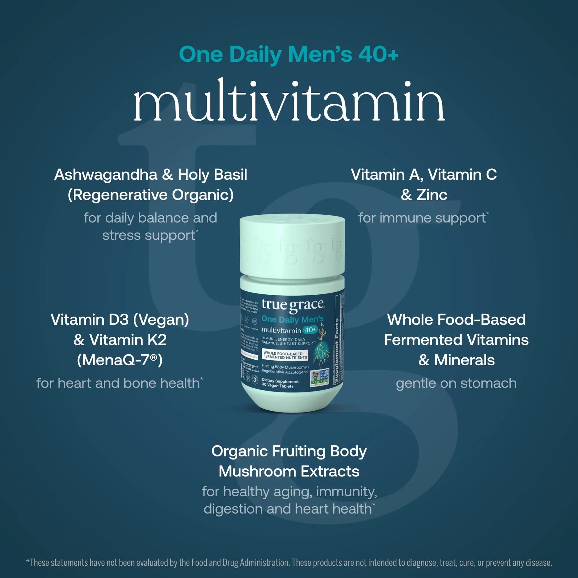 True Grace Men's 40+ One Daily Multivitamin Fermented Minerals, Organic Adaptogens & Mushrooms Whole Body Balance Immune - dailyvitalstore