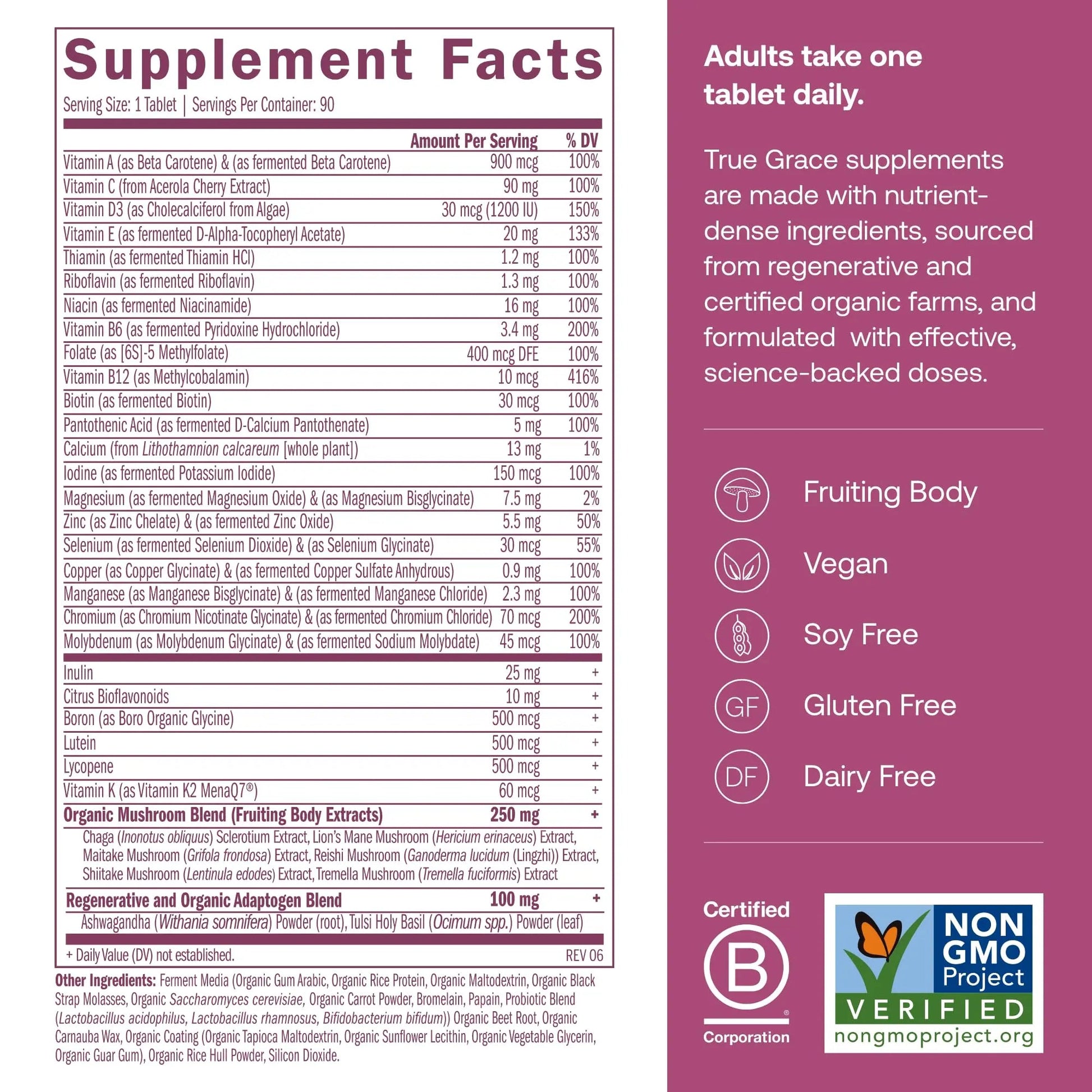 True Grace One Daily Women’s Multivitamin 40+ Fermented Minerals, Organic Adaptogens & Mushrooms Energy, Immune, Bone Support - dailyvitalstore