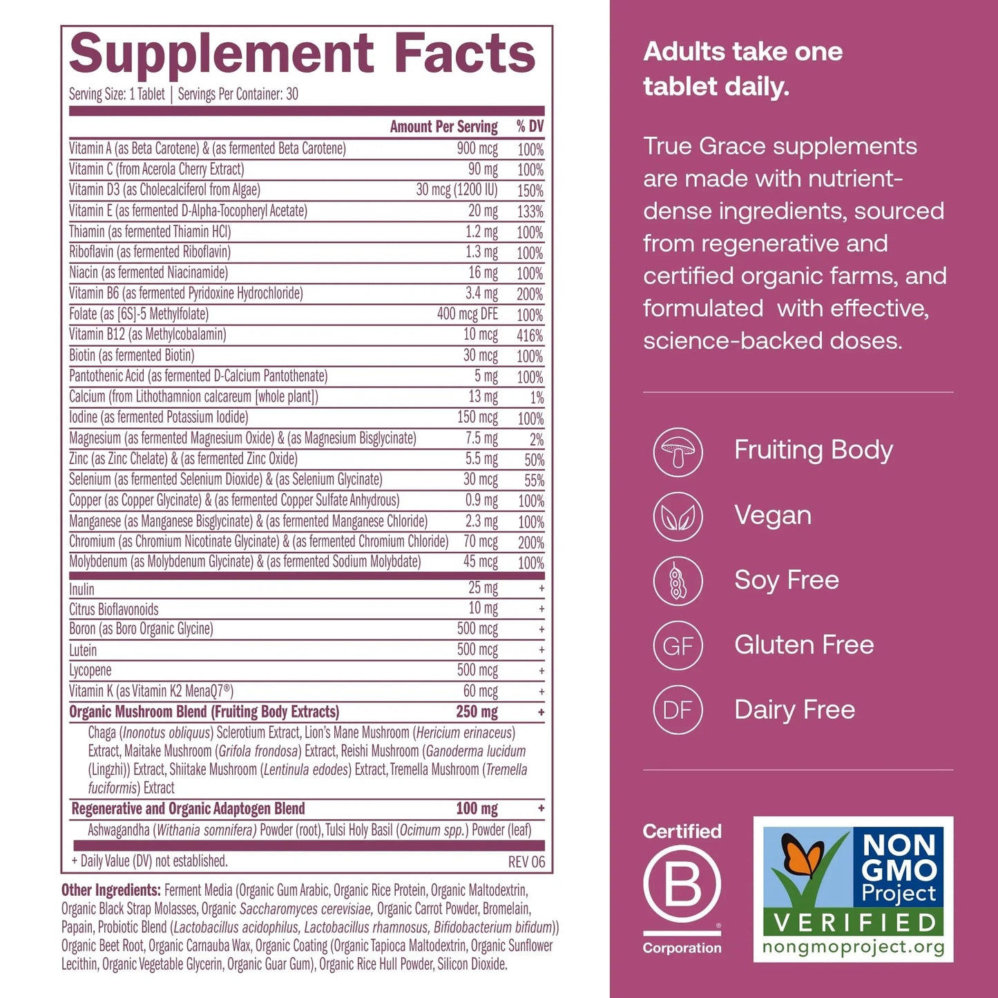 True Grace One Daily Women’s Multivitamin 40+ Fermented Minerals, Organic Adaptogens & Mushrooms Energy, Immune, Bone Support - dailyvitalstore