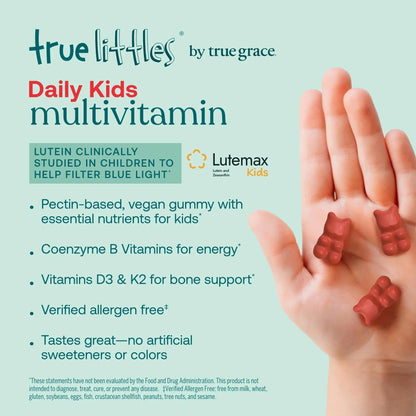 True Grace True Littles Daily Kids Multi - 120 Pectin Gummies - Immune, Cognitive, Bone & Eye Support - Clinically Studied Lutemax Kids Lutein - dailyvitalstore