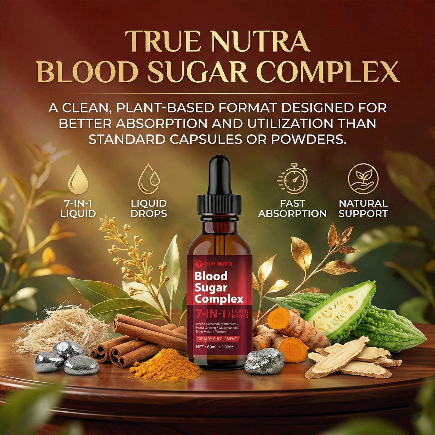 true nutra Blood Sugar Complex, 7-in-1 Formula Blood Sugar Support Supplement with Berberine, Ceylon Cinnamon, Chromium, Bitter Melon, Turmeric, Ginseng, Glucomannan (1PCS) - dailyvitalstore