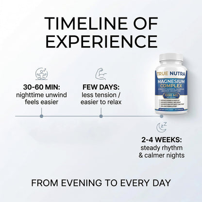 True nutra Magnesium Complex，Advanced 8-in-1 Magnesium Blend，Glycinate, Citrate, Malate, Taurate etc，High Formula，90 Capsules - dailyvitalstore