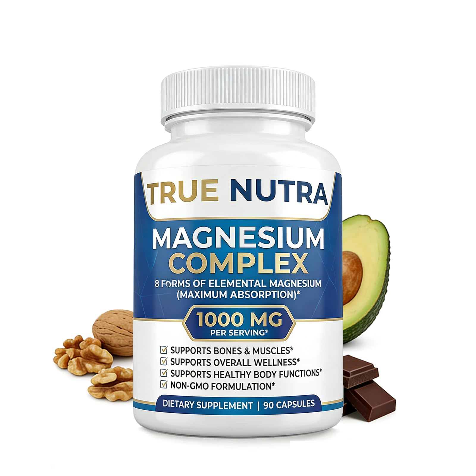 True nutra Magnesium Complex，Advanced 8-in-1 Magnesium Blend，Glycinate, Citrate, Malate, Taurate etc，High Formula，90 Capsules - dailyvitalstore