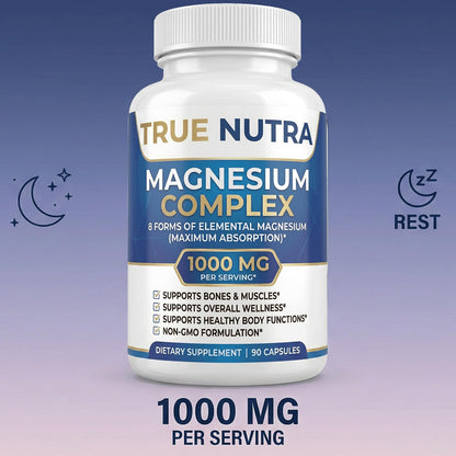 True nutra Magnesium Complex，Advanced 8-in-1 Magnesium Blend，Glycinate, Citrate, Malate, Taurate etc，High Formula，90 Capsules - dailyvitalstore