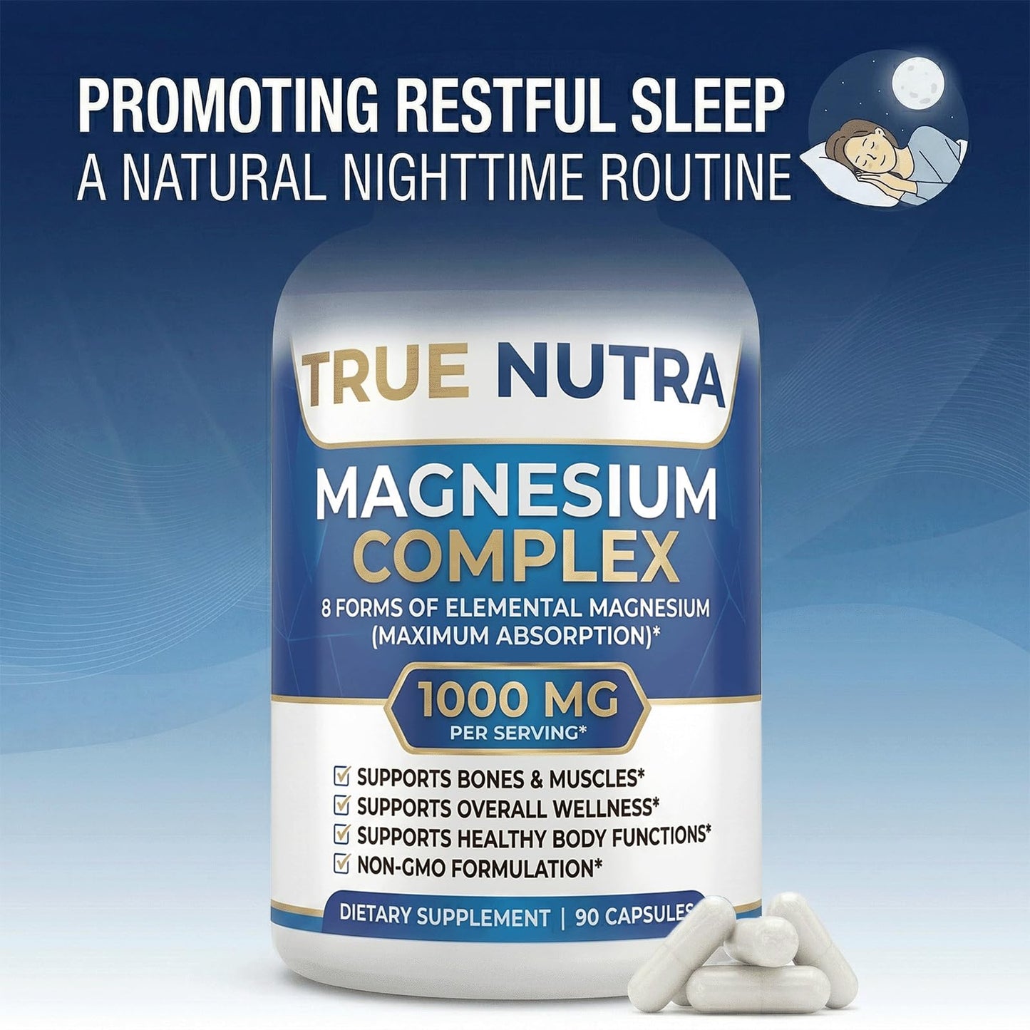 True nutra Magnesium Complex，Advanced 8-in-1 Magnesium Blend，Glycinate, Citrate, Malate, Taurate etc，High Formula，90 Capsules - dailyvitalstore