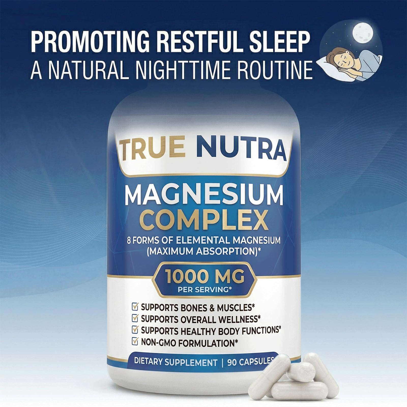 True nutra Magnesium Complex，Advanced 8-in-1 Magnesium Blend，Glycinate, Citrate, Malate, Taurate etc，High Formula，90 Capsules - dailyvitalstore