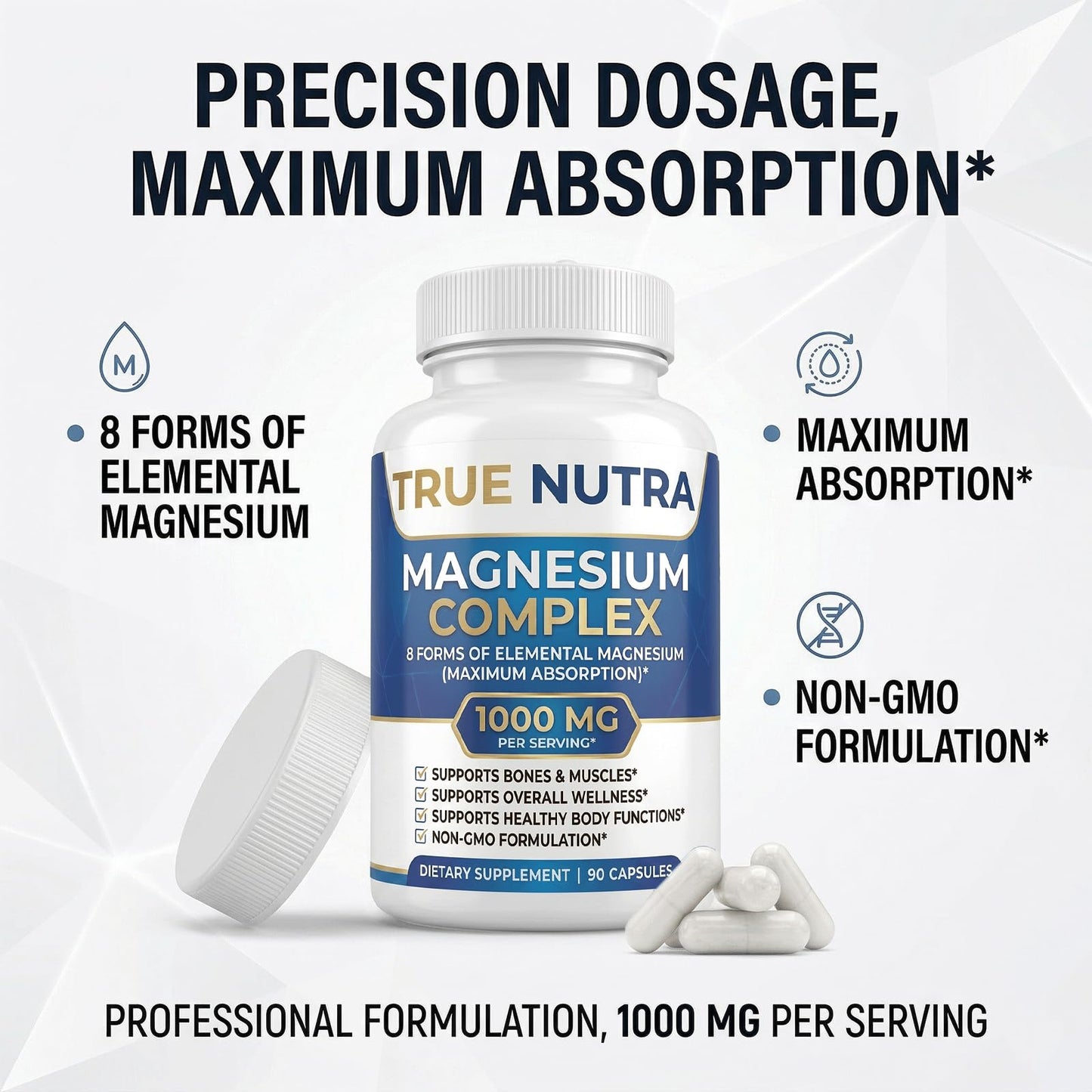 True nutra Magnesium Complex，Advanced 8-in-1 Magnesium Blend，Glycinate, Citrate, Malate, Taurate etc，High Formula，90 Capsules - dailyvitalstore