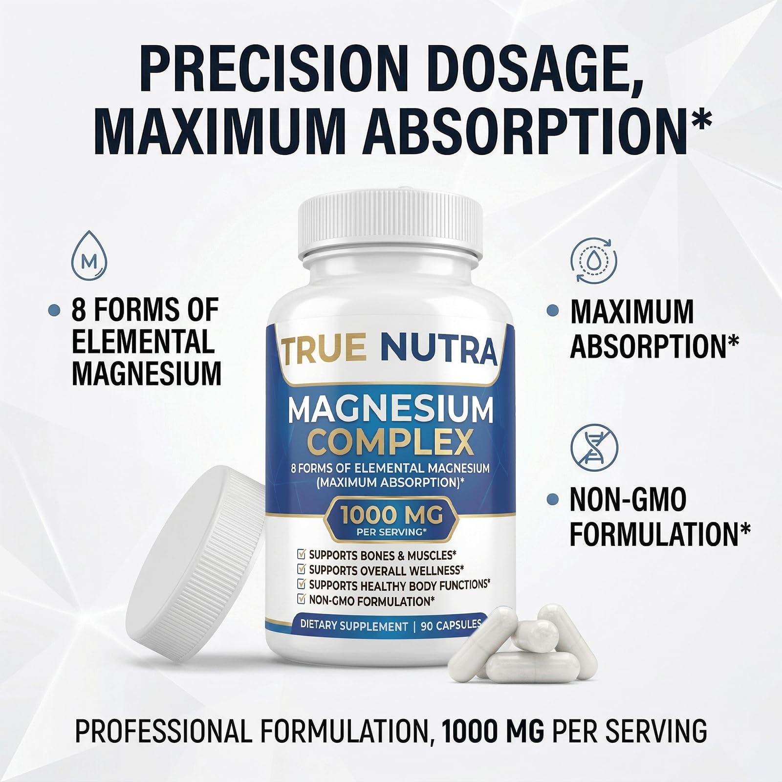 True nutra Magnesium Complex，Advanced 8-in-1 Magnesium Blend，Glycinate, Citrate, Malate, Taurate etc，High Formula，90 Capsules - dailyvitalstore