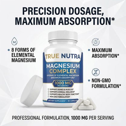 True nutra Magnesium Complex，Advanced 8-in-1 Magnesium Blend，Glycinate, Citrate, Malate, Taurate etc，High Formula，90 Capsules - dailyvitalstore