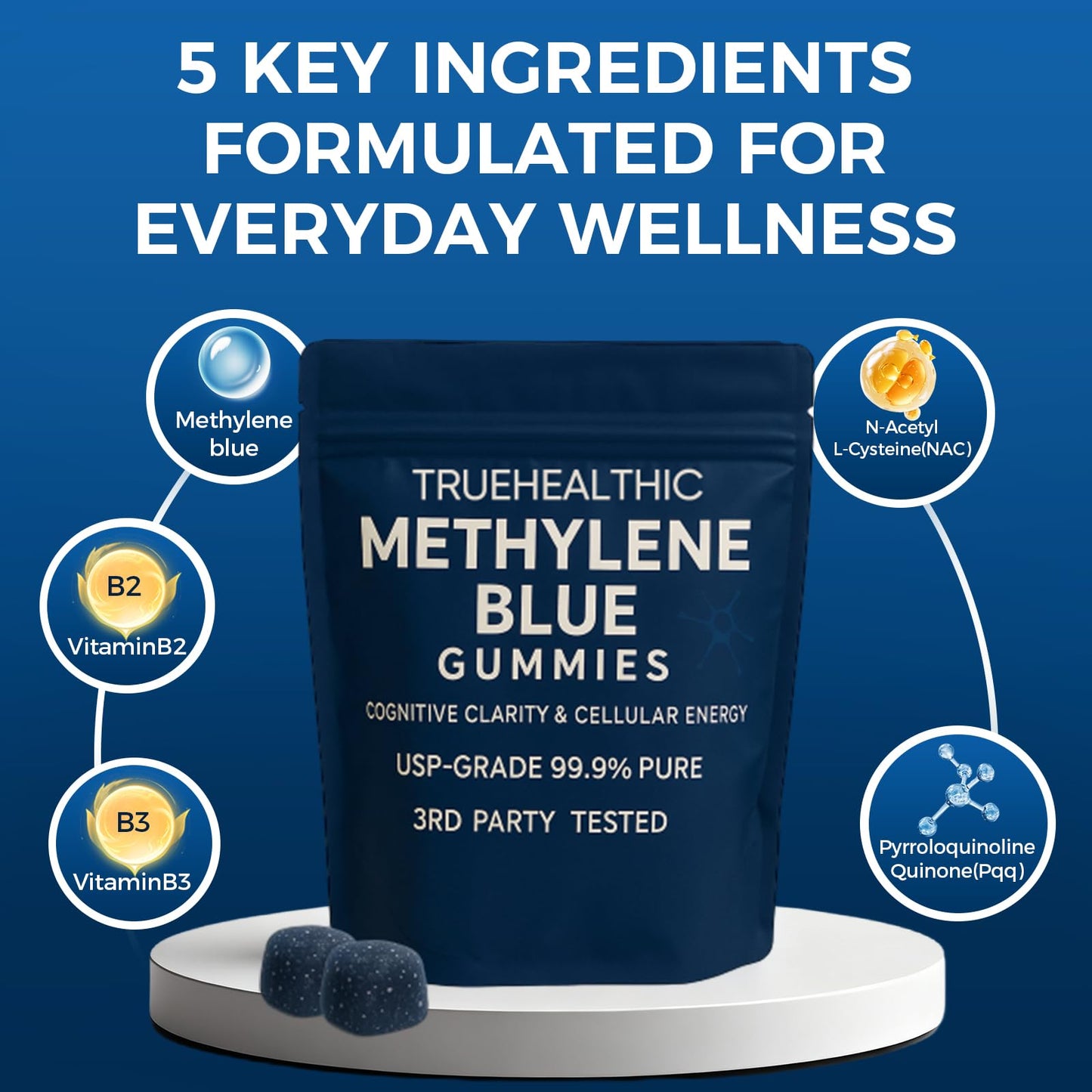 TRUEHEALTHIC Methylene Blue Gummies, for Cognitive Support & Mental Focus, Clean 5mg of Methylene Blue Per Gummy, - dailyvitalstore