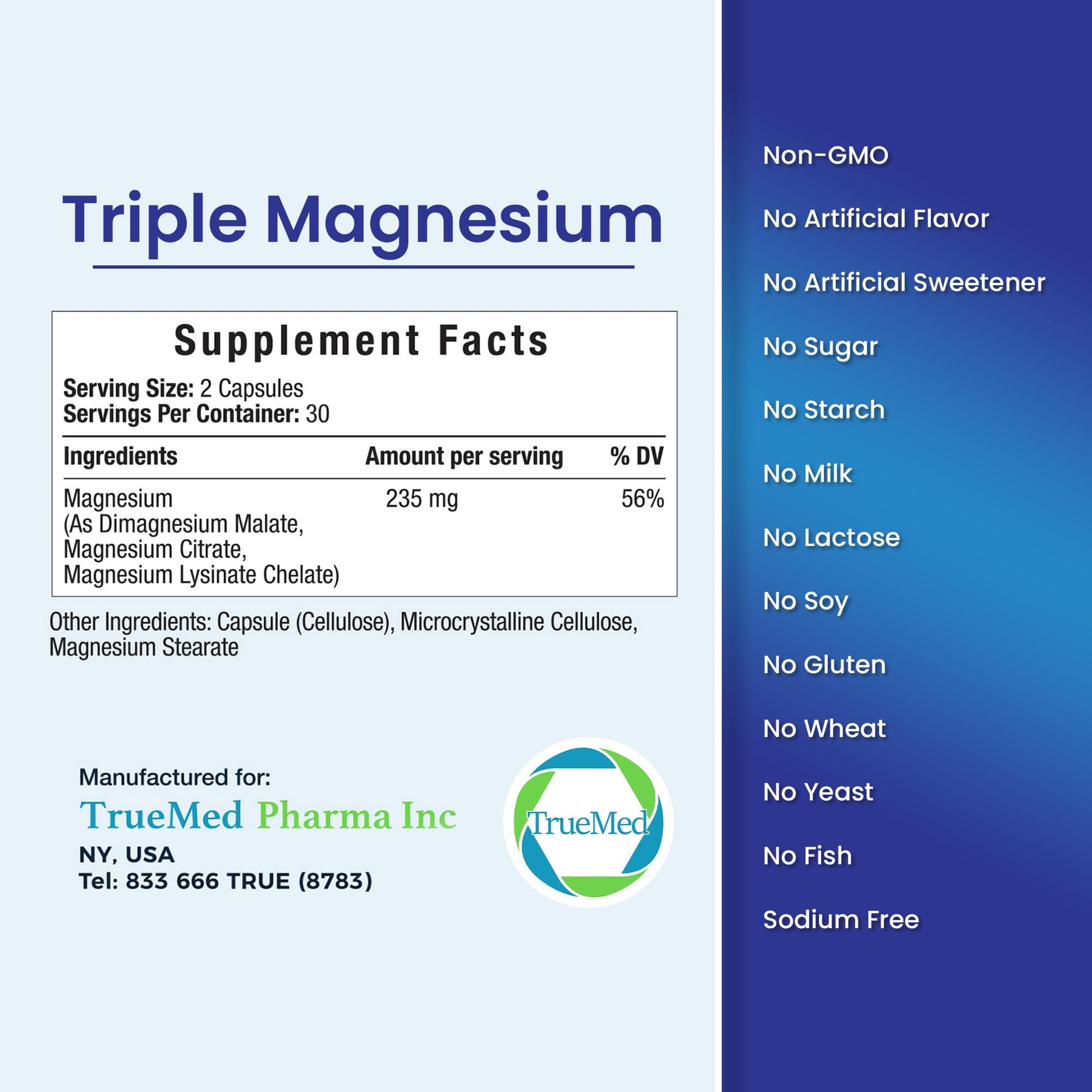 Truemed Triple Magnesium Complex Supplement 235mg with Magnesium Citrate, Malate & Lysinate Chelate | Magnesium Supplement for Sleep, Muscle Relaxation, Energy & Nerve Support | 60 Capsules, USA Made - dailyvitalstore