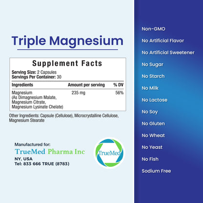 Truemed Triple Magnesium Complex Supplement 235mg with Magnesium Citrate, Malate & Lysinate Chelate | Magnesium Supplement for Sleep, Muscle Relaxation, Energy & Nerve Support | 60 Capsules, USA Made - dailyvitalstore
