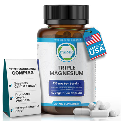 Truemed Triple Magnesium Complex Supplement 235mg with Magnesium Citrate, Malate & Lysinate Chelate | Magnesium Supplement for Sleep, Muscle Relaxation, Energy & Nerve Support | 60 Capsules, USA Made - dailyvitalstore
