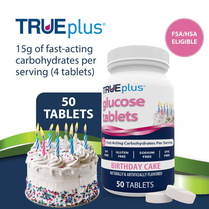 TRUEplus Glucose Tablets, Chewable, Birthday Cake Flavor, 15g Fast-Acting Carbohydrates, Dye Free, Gluten Free, No Fat, Boost Energy, 50 Count - dailyvitalstore