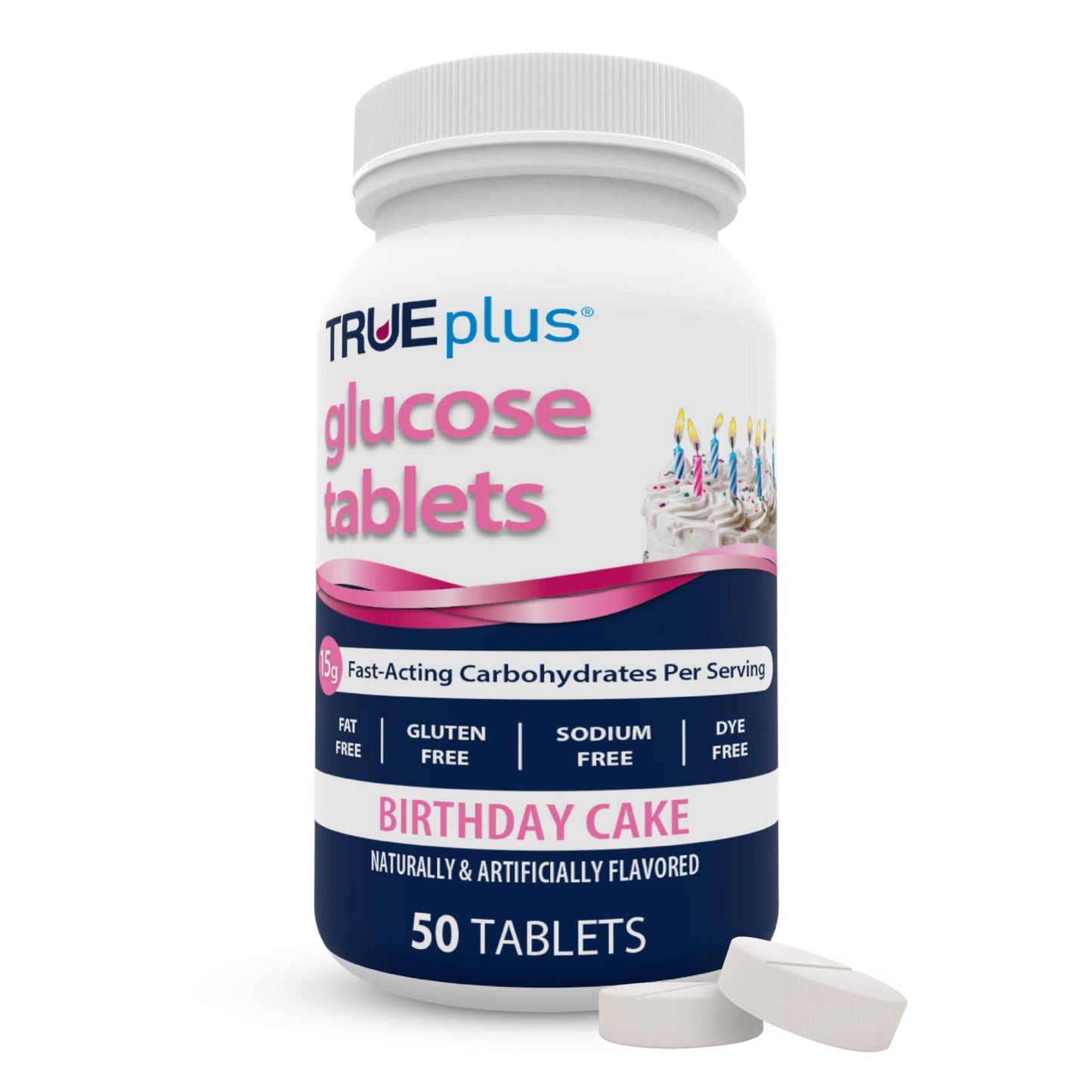 TRUEplus Glucose Tablets, Chewable, Birthday Cake Flavor, 15g Fast-Acting Carbohydrates, Dye Free, Gluten Free, No Fat, Boost Energy, 50 Count - dailyvitalstore